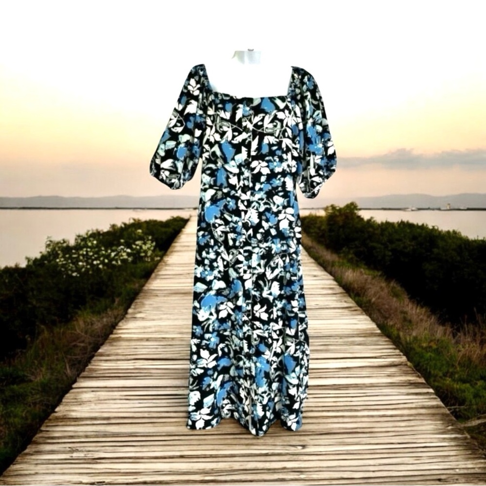 Ophelia Roe Floral Button Front Puff Short Sleeves Midi Dress‎ Size L